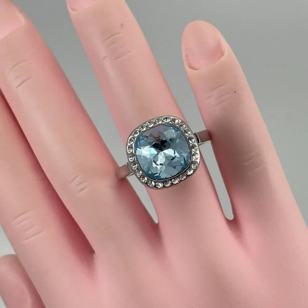Silver Tone Blue Cushion Cut Glass Halo Statement Cocktail Ring Sz 8 Boho Cute